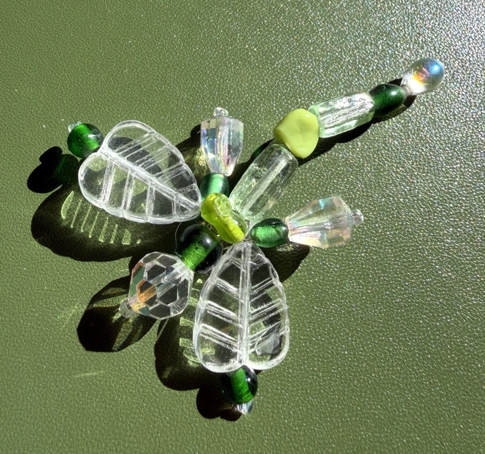 Vintage Beaded Dragonfly Brooch Green Clear Crystal Glass Pin 2.5”